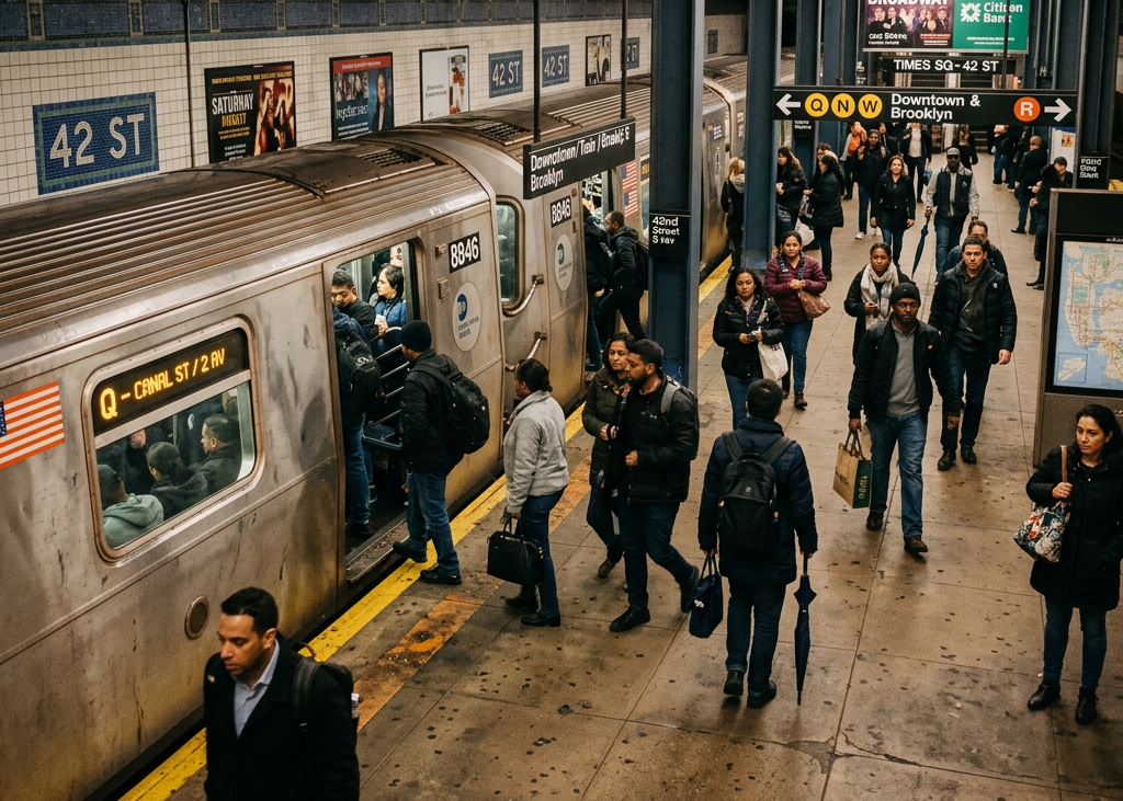 Crowded subway platform with passengers boarding and exiting Q train at 42nd Street station