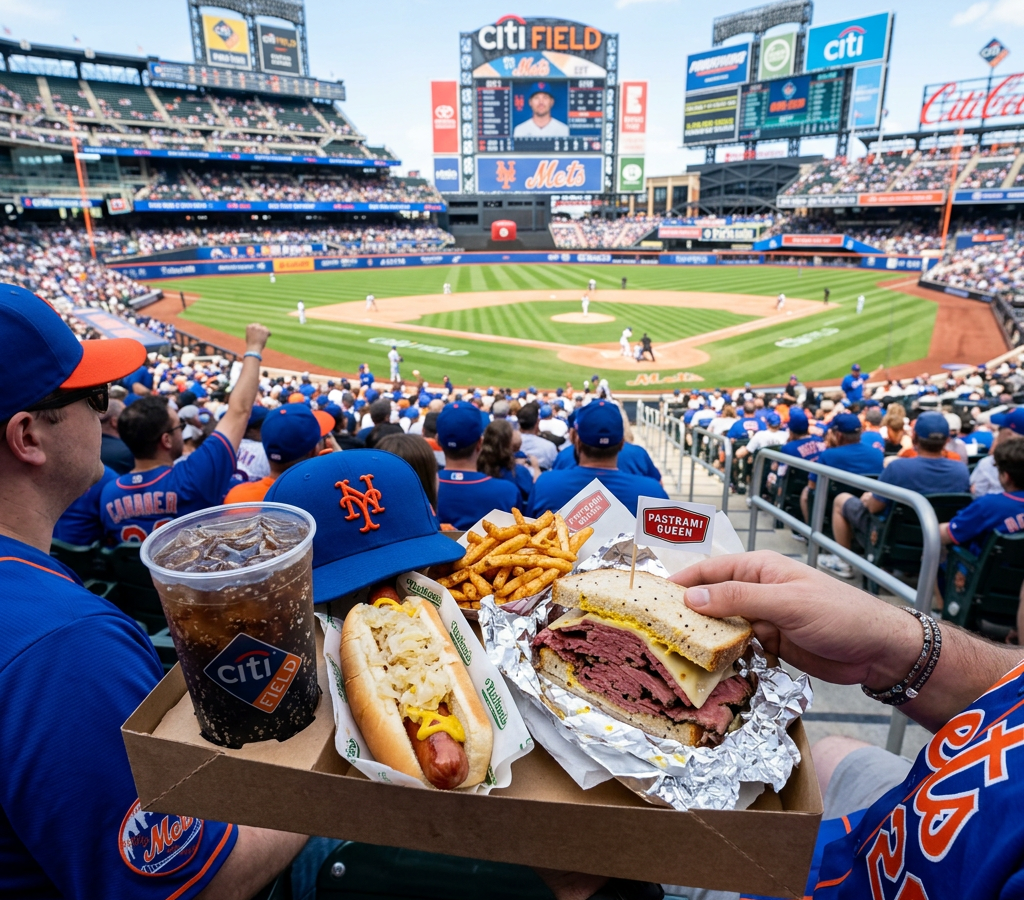 Tray with soda, hot dog, fries, and pastrami sandwich held by a fan at a baseball game in Citi Field